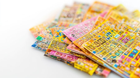 A vibrant assortment of scratch-off lottery tickets stacked together, displaying a variety of colors and designs against a soft white backdrop, inviting excitement.の素材