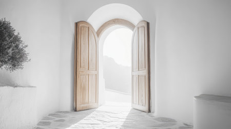 An inviting open doorway offers a glimpse of a bright outdoor space, capturing the essence of minimalist architecture and serene tranquility.の素材