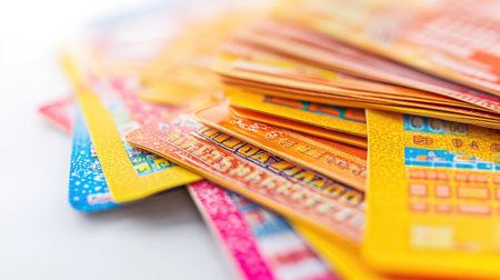 A vibrant collection of colorful scratcher lottery tickets showcasing multiple designs and patterns, perfect for illustrating gambling, fun, and excitement.の素材