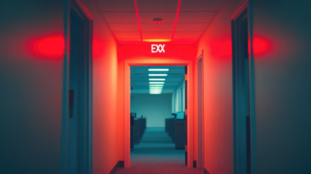 A captivating view of a dimly lit corridor featuring an illuminated exit sign in red, creating an intriguing atmosphere filled with mystery and urgency.の素材