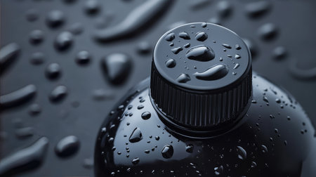 This image features a sleek black plastic bottle adorned with glistening water droplets, resting on a matte surface. Ideal for showcasing products in various commercial settings.の素材