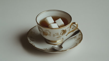 A beautifully crafted porcelain tea cup featuring sugar cubes, creating a cozy and inviting atmosphere ideal for afternoon tea and relaxation moments.の素材