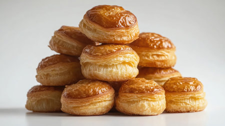 A visually appealing stack of freshly baked golden puff pastries, showcasing their flaky and crispy texture. Perfect for culinary delights and showcasing homemade charm.の素材