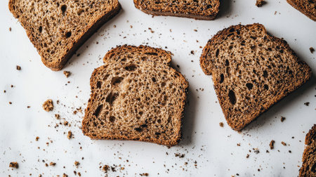 A close-up view of freshly sliced whole grain bread scattered on a white surface, showcasing texture and crumbs, perfect for food-related projects.の素材