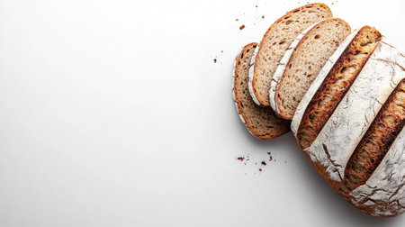 A beautifully shot artisan bread loaf with neatly sliced pieces resting on a light background, perfect for culinary projects and bakery promotions.の素材