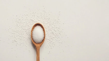 This image showcases a close-up of white sugar in a wooden spoon, with scattered granules creating a visually appealing arrangement. Perfect for food-related content.の素材