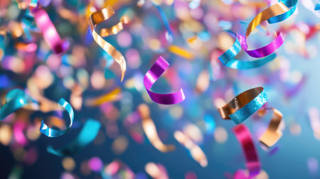 This vibrant image captures colorful ribbon streamers floating in the air, creating a cheerful and festive atmosphere perfect for celebrations and parties.の素材