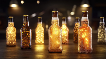 A collection of illuminated bottles filled with sparkling lights, set against a dark bar counter, creating a cozy and inviting atmosphere perfect for gatherings.の素材