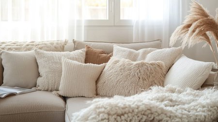 This photo showcases a cozy living room adorned with a variety of textured throw pillows and soft throws in neutral tones, creating a warm and inviting atmosphere.の素材