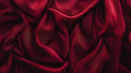 A close-up view of luxurious red silk fabric showcases elegant swirls and delicate folds. Perfect for design projects, fashion shoots, or artistic backgrounds.の素材