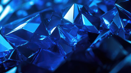 This captivating image showcases an array of shimmering blue crystal geometric shapes reflecting light, creating a vivid and artistic display.の素材