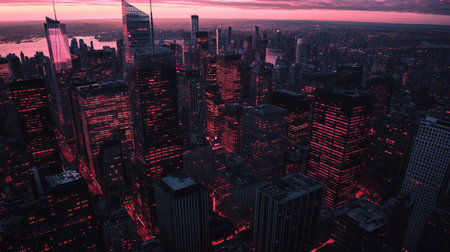 Explore a stunning night view of a cityscape illuminated by vibrant red and pink lights, showcasing modern architecture and a lively urban ambiance.の素材