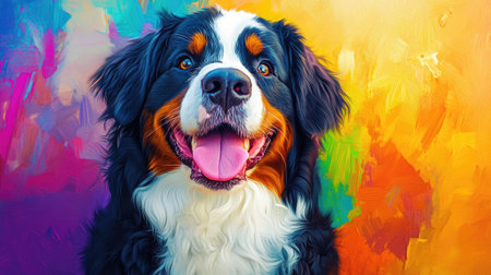 A cheerful Bernese Mountain Dog presents a charming smile against a vibrant, colorful background, showcasing its playful and friendly nature in a captivating artistic style.の素材