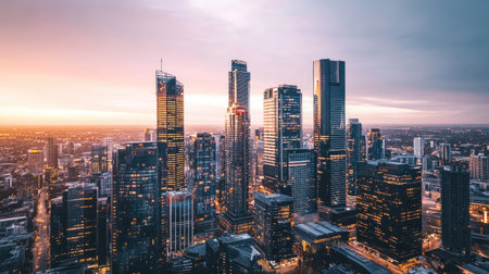 Experience a breathtaking aerial view of a modern city skyline during sunset, showcasing tall skyscrapers and vibrant urban landscapes bathed in soft evening light.の素材