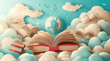 A whimsical illustration depicting open books floating among soft clouds, with a globe at the center, symbolizing knowledge, imagination, and creativity in learning.の素材