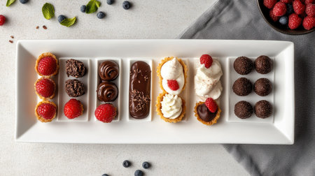 This image showcases an elegant arrangement of assorted chocolate desserts presented on a stylish white platter, garnished with fresh berries for a delightful indulgence.の素材