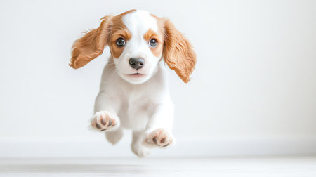 A charming puppy captured mid-air demonstrating joy and energy in a bright indoor space. This delightful image showcases innocence and playfulness.の素材