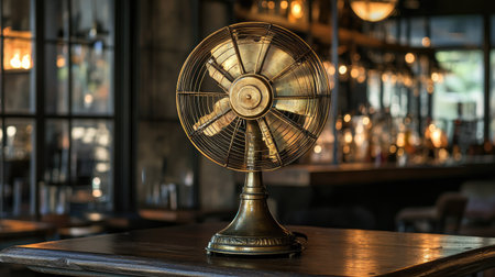A beautifully crafted vintage brass fan sits on a wooden table, creating a charming focal point in a stylish bar. The warm lighting and elegant decor enhance the nostalgic atmosphere.の素材