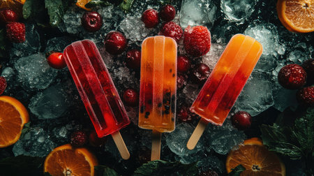 A vibrant assortment of colorful frozen popsicles sits atop a bed of ice, surrounded by fresh raspberries and oranges, ideal for summer gatherings.の素材