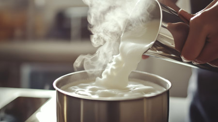 A close-up image of steaming milk being poured into a pot, capturing the essence of home cooking and culinary warmth in a cozy kitchen environment.の素材