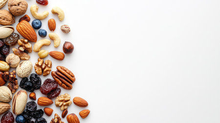 A vibrant display of assorted nuts and dried fruits on a clean white background. Ideal for healthy snacking ideas, culinary inspiration, and food photography.の素材