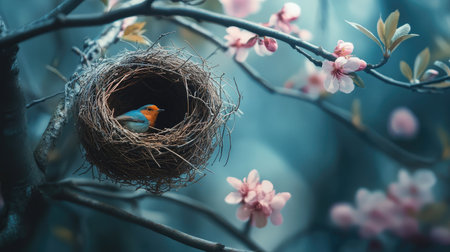 A picturesque scene featuring a small bird nestled in a cozy nest, surrounded by vibrant pink blossoms, creating a serene nature setting.の素材