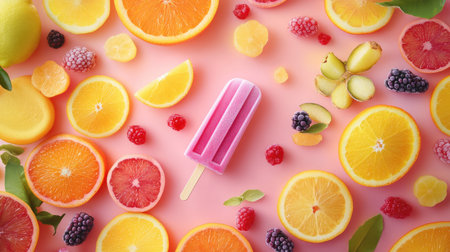 A vibrant flat lay of assorted fruits including oranges, lemons, and berries, alongside a pink popsicle, perfect for summer themes and healthy snack ideas.の素材
