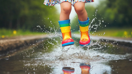 A cheerful child wearing vibrant rain boots joyfully jumps into a puddle, creating splashes of water, embodying the carefree spirit of childhood play on a rainy day.の素材