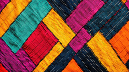 This vibrant patchwork textile showcases an array of colorful squares in multiple hues, perfect for inspiring creativity in home decor or fashion.の素材