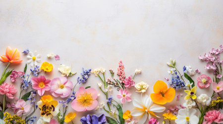A stunning display of colorful flowers in various shades arranged artistically on a neutral background, showcasing natural beauty and vibrant colors.の素材