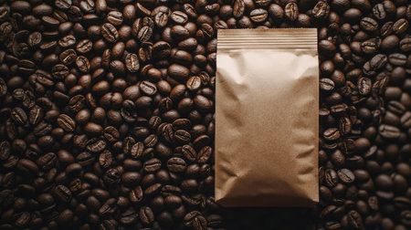 A captivating image featuring sealed gold coffee packaging amidst a sea of rich, dark coffee beans. Ideal for coffee lovers and marketing related to beverages.の素材