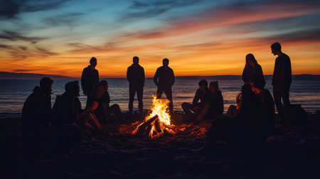 A group of friends gathers around a bonfire on the beach during a stunning sunset. The vibrant colors in the sky create a perfect atmosphere for connection.の素材