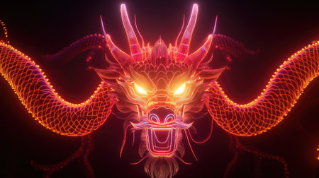 This captivating digital artwork showcases a powerful dragon with glowing features and fierce expression, enveloped in vibrant colors and dark ambiance.の素材