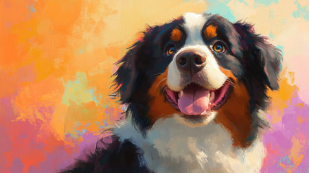 A joyful Bernese Mountain Dog showcases its bright smile against a lively, colorful backdrop, capturing the charm and warmth of this beloved breed in artistic style.の素材