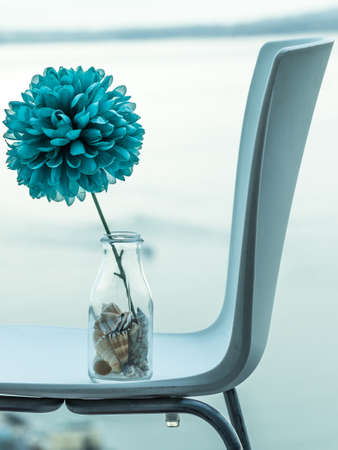 A Single Artificial Blue Dahlia in a Bottle Shaped Vase Filled with Seashells on a chair