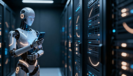 Advanced robot using smartphone in high-tech server room datacenter for AI technology infrastructure concept.の素材