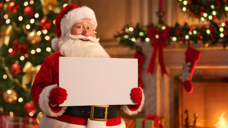 A cheerful Santa Claus stands by a cozy fireplace and Christmas tree, holding a blank whiteboard, perfect for personalized holiday greetings or messages.の素材