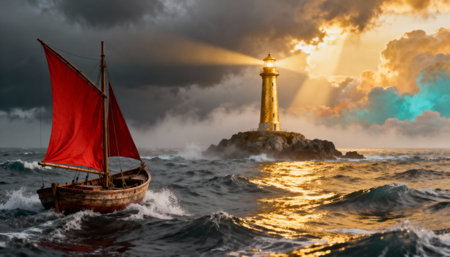 A dramatic seascape with a lighthouse guiding a red-sailed boat through stormy waves and dark clouds, with sunlight breaking through, symbolizing hope and courage.の素材