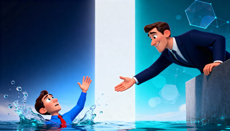 A businessman in a suit extends a hand to help a colleague or customer, symbolizing teamwork, trust, leadership, and collaboration to overcome challenges.の素材