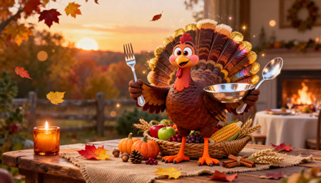 A cheerful turkey at a festive Thanksgiving table with pumpkins, fruits, and candles under a warm sunset, creating a cozy holiday atmosphere.の素材