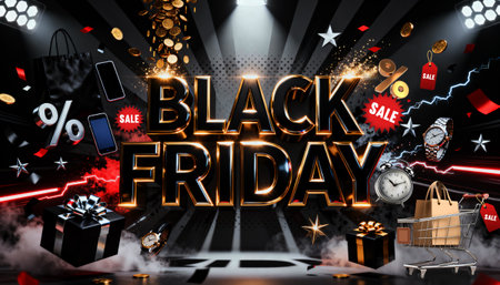 Golden Black Friday text surrounded by sale tags, coins, and gifts. Perfect for promotional banners and major shopping campaigns.の素材
