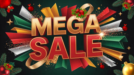 Festive holiday banner with bold gold and red text for a mega sale, decorated with Christmas ornaments. Perfect for marketing and seasonal promotions.の素材