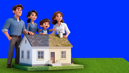 Cheerful family of four with house model on green grass against a blue background. Perfect for real estate, home ownership, and property promotions.の素材