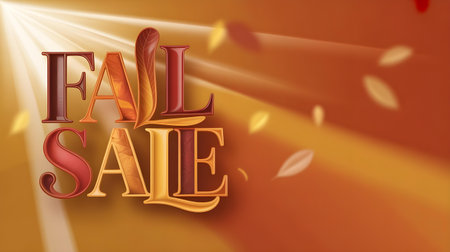 Warm autumn background with falling leaves and glowing light rays highlighting a fall sale. Perfect for seasonal marketing, retail, and festive promotions.の素材