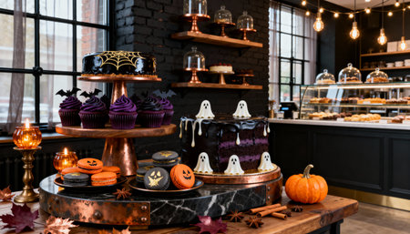 Sophisticated Halloween bakery with decorated cakes, cupcakes, and macarons in a cozy setting. Perfect for dessert ads, festive menus, and Halloween social media posts.の素材