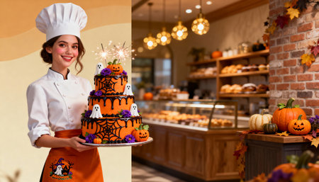 Woman baker presenting a detailed orange Halloween cake with ghost and pumpkin decoration. Perfect for bakery ads, seasonal menus, and festive social media promotions.の素材
