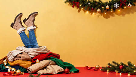 Fun holiday scene with legs up among colorful winter sweaters and garland. Perfect for Christmas fashion ads, winter sales, and creative holiday campaigns.の素材
