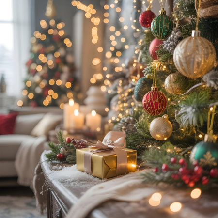 Cozy home with decorated Christmas tree, candles, and gifts. Perfect for greeting cards, festive posts, and holiday content.の素材