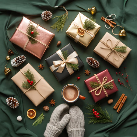 Elegant holiday gift setup with metallic presents, pine, cinnamon, and cocoa. Perfect for lifestyle and festive visuals.の素材