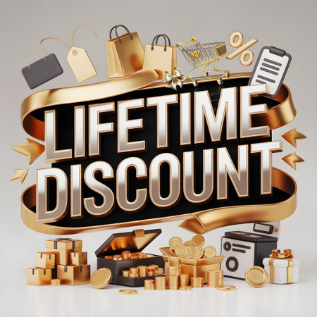 3D promo design showing lifetime discount with gold accents, coins, and shopping bags. Perfect for e-commerce campaigns.の素材